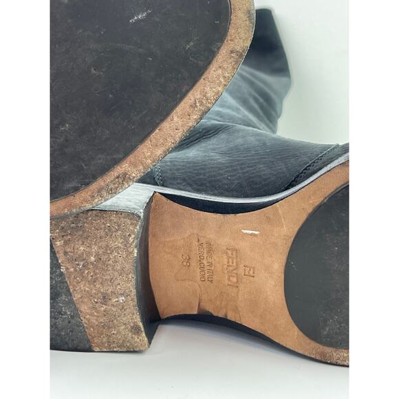 FENDI Black Nubuck Leather Knee High Riding Boots Almond Toe Heel Size 38 ITALY - Picture 10 of 14